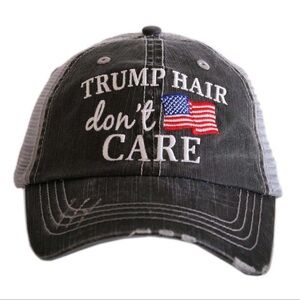 Gray Trucker Cap with Embroidered Text “trump hair don’t care”